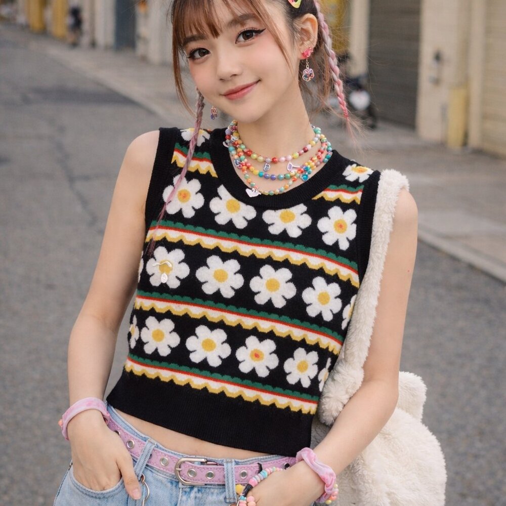 Over Kleshas Knit Capped Sleeve Black Floral Crop Top
